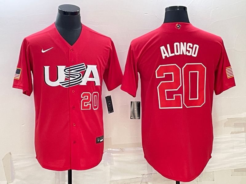 Men 2023 World Cub USA 20 Alonso Red Nike MLB Jersey1